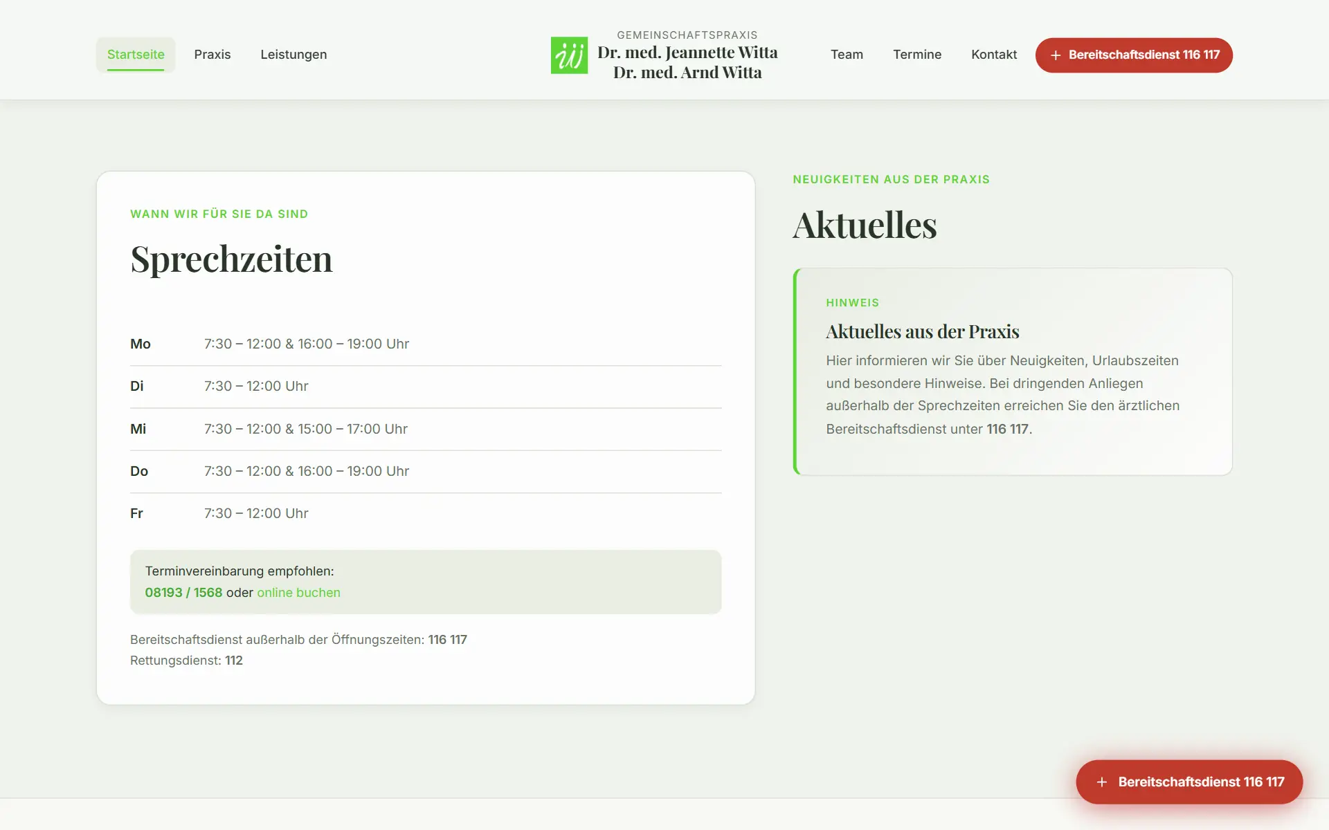Sprechzeiten-Tabelle neben dem Bereich „Aktuelles“, den das Praxisteam selbst im Browser pflegt.